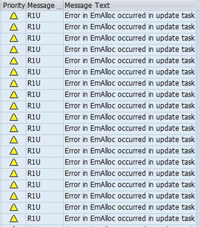 SM21 error log " Error in EmAlloc occurred in update task"