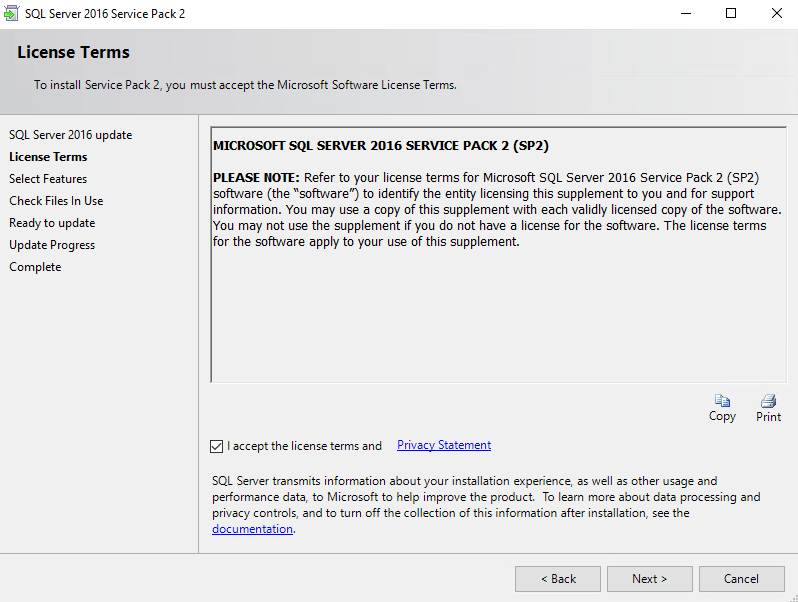 MS SQL server 2016 setup --> Accept the license terms