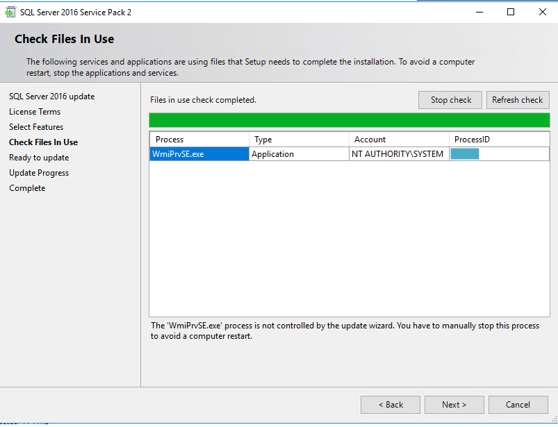 MS SQL server 2016 setup --> WmiPrvSE.exe process is not controlled by the update wizard. You have to manually stop this process to avoid a computer restart.