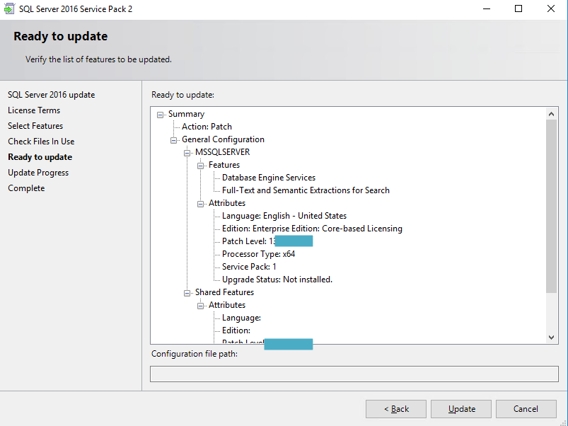 MS SQL server 2016 setup --> Ready to update